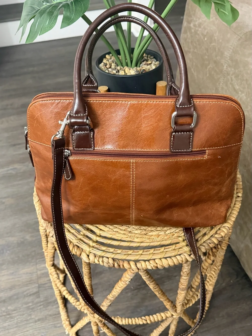 Giani Bernini Genuine Leather Two Tone Brown Satchel Shoulder Handbag